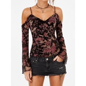 Express Vintage Burgundy Burnout Velvet Babydoll Ruched Top Whimsigoth Size L